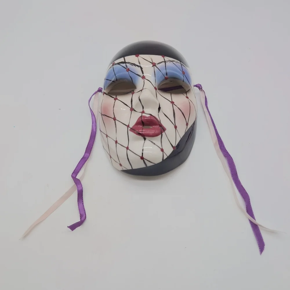 Decorative Ceramic Harlequin Mask with Purple Ribbon